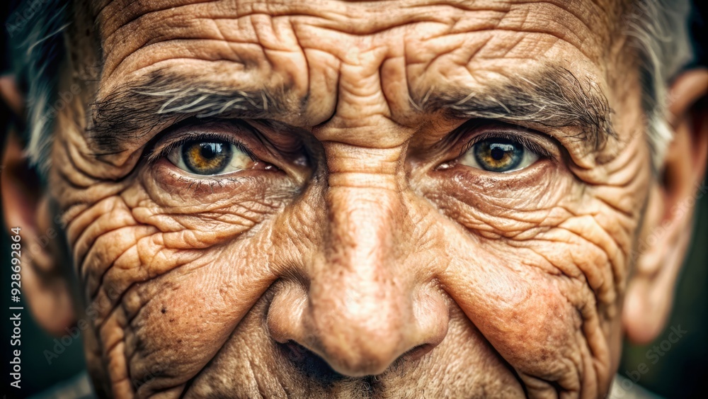 Wrinkled, aged face with deep lines and creases on forehead, around eyes, and between eyebrows, shown in a tight, close-up shot with soft focus. Wrinkled, aged face with deep lines and creases on forehead, around eyes, and between eyebrows, shown in a tight, close-up shot with soft focus.