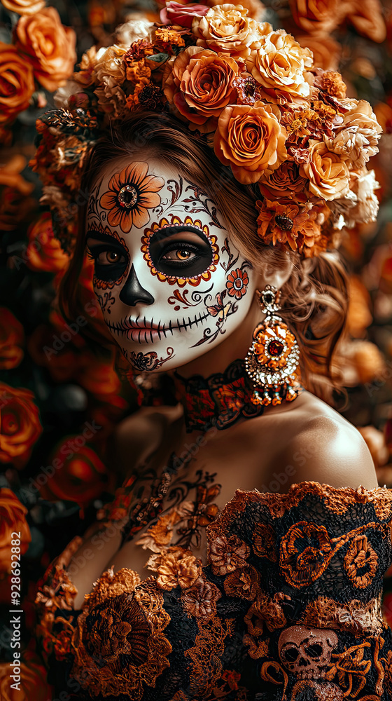 Fotografie woman dressed in a Day of the Dead costume with intricate face paint and a flora