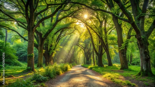 Winding dirt path lined with towering trees stretches into the distance, surrounded by lush green foliage and dappled sunlight filtering through the canopy above.