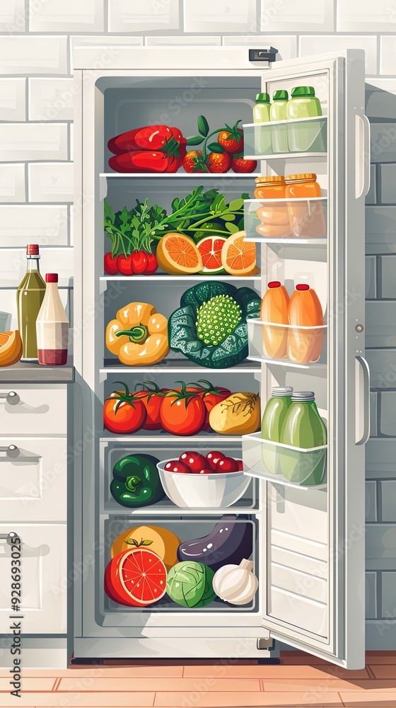 Open refrigerator in the kitchen with different vegetables and fruits Open refrigerator in the kitchen with different vegetables and fruits