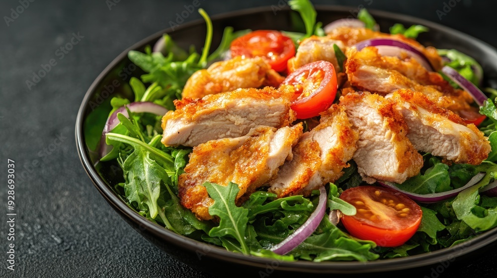 A healthy fried chicken salad with crisp rocket leaves, ripe tomatoes, and red onions, set against a dark background, showcasing its fresh and vibrant appeal. A healthy fried chicken salad with crisp rocket leaves, ripe tomatoes, and red onions, set against a dark background, showcasing its fresh and vibrant appeal.