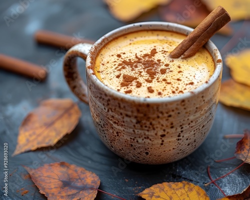 Cozy Autumn Pumpkin Spice Latte with Cinnamon Stick and Falling Leaves