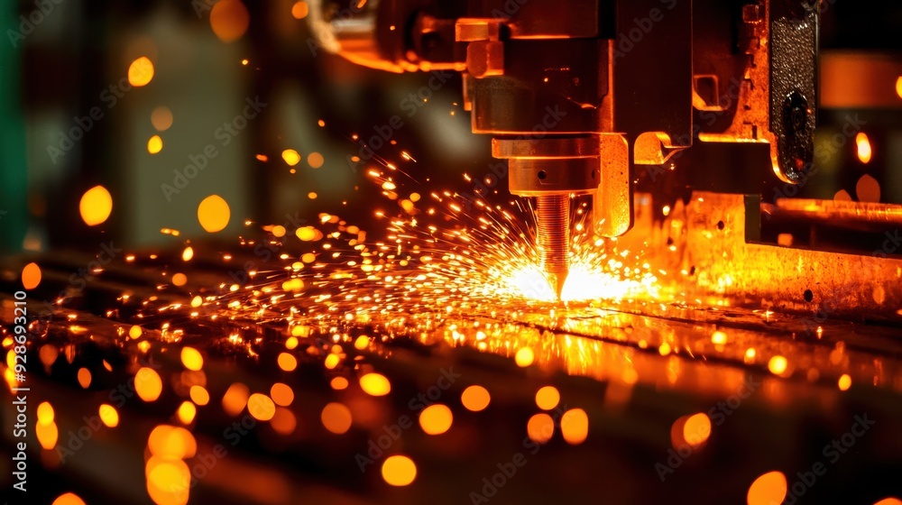 A close-up view of a cutting machine generating sparks during metalworking, showcasing bright orange and yellow tones. A close-up view of a cutting machine generating sparks during metalworking, showcasing bright orange and yellow tones.