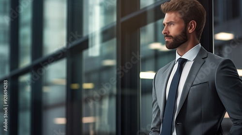 A businessman in a formal suit looks out of a large office window 