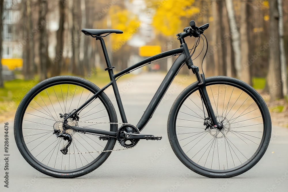 Sleek black bicycle on quiet tree-lined road Sleek black bicycle on quiet tree-lined road