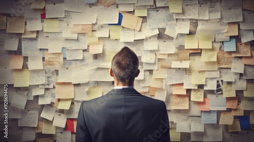 A businessman stands in front of a whiteboard covered with failed project notes,