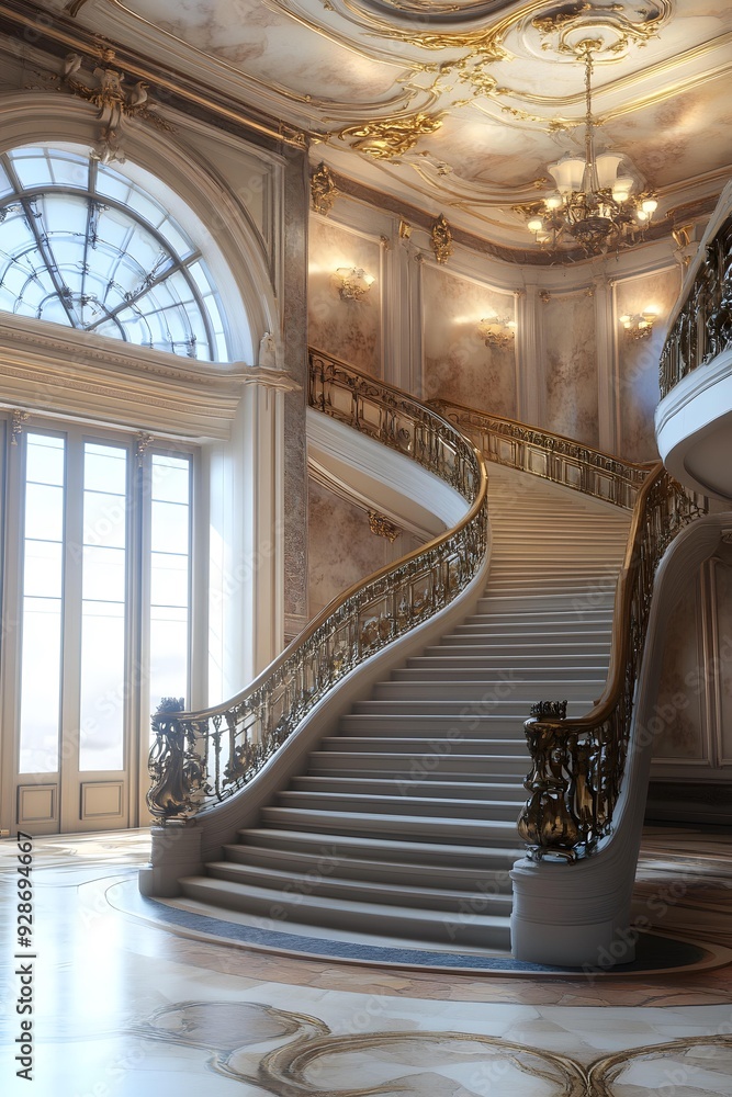 Fototapeta premium Curved Staircase in a Grand Hall with Ornate Details