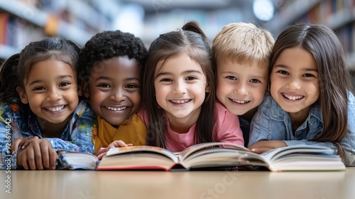 Five Diverse Children Reading Together in a Library photo