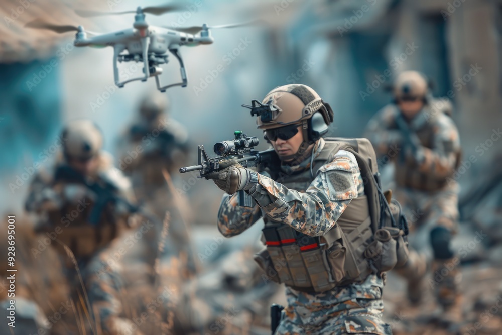 Fototapeta premium A man dressed in camouflage gear holds a gun and camera in the outdoors, suitable for hunting or nature photography