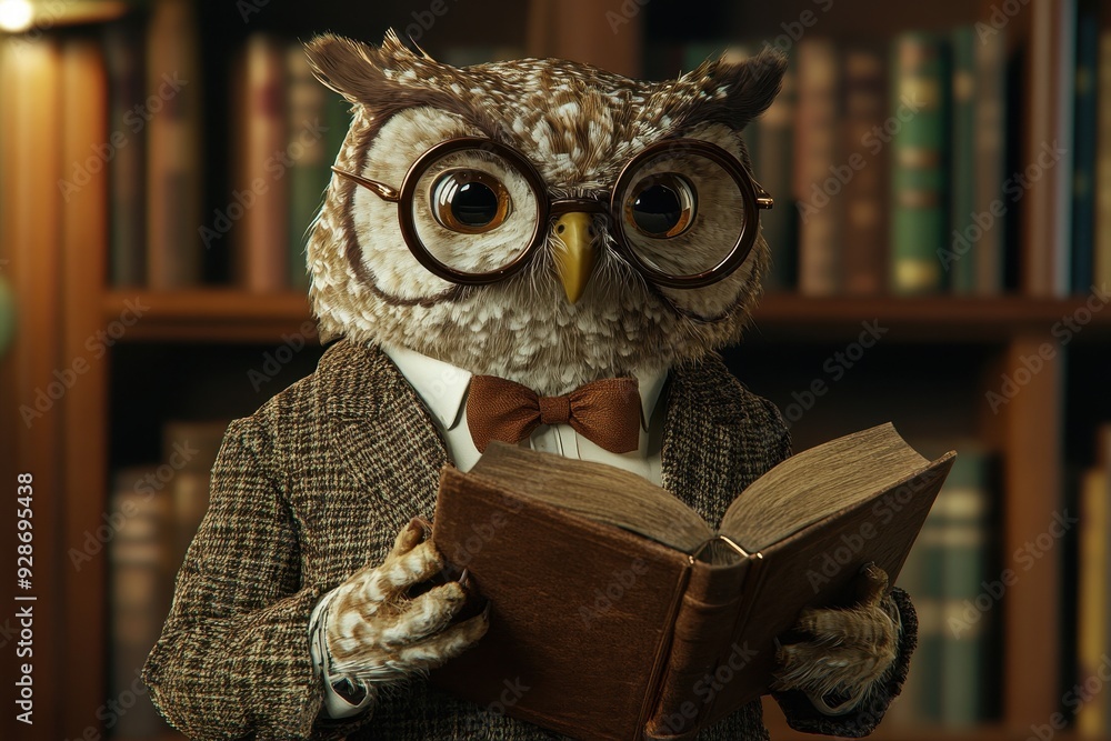 Professor Owl: An owl with a tweed jacket, bow tie, and round glasses, holding a book in a library. Professor Owl: An owl with a tweed jacket, bow tie, and round glasses, holding a book in a library.