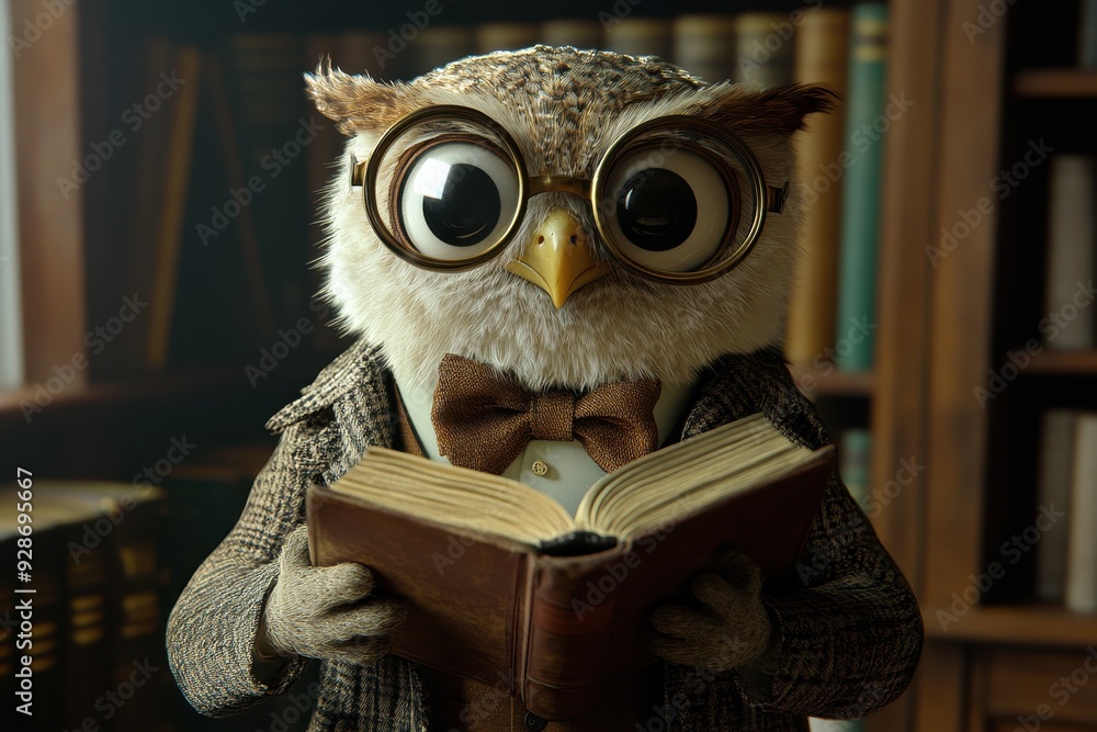 Professor Owl: An owl with a tweed jacket, bow tie, and round glasses, holding a book in a library. Professor Owl: An owl with a tweed jacket, bow tie, and round glasses, holding a book in a library.
