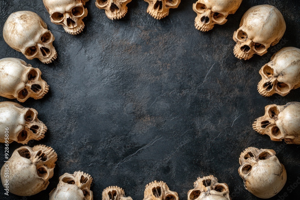 Human Skulls Arranged in a Circular Pattern on a Dark Background Human Skulls Arranged in a Circular Pattern on a Dark Background