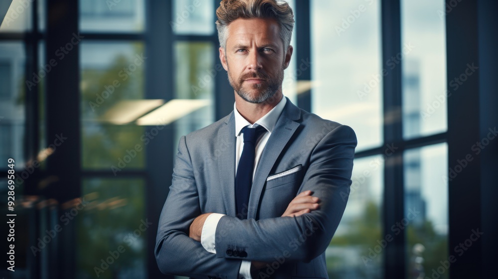 A confident businessman in a sleek office setting, arms crossed A confident businessman in a sleek office setting, arms crossed