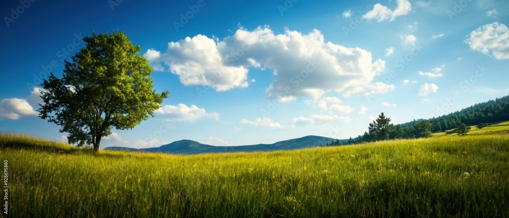 A serene landscape featuring a lush green field, a solitary tree, and a vibrant blue sky adorned with fluffy clouds. A serene landscape featuring a lush green field, a solitary tree, and a vibrant blue sky adorned with fluffy clouds.
