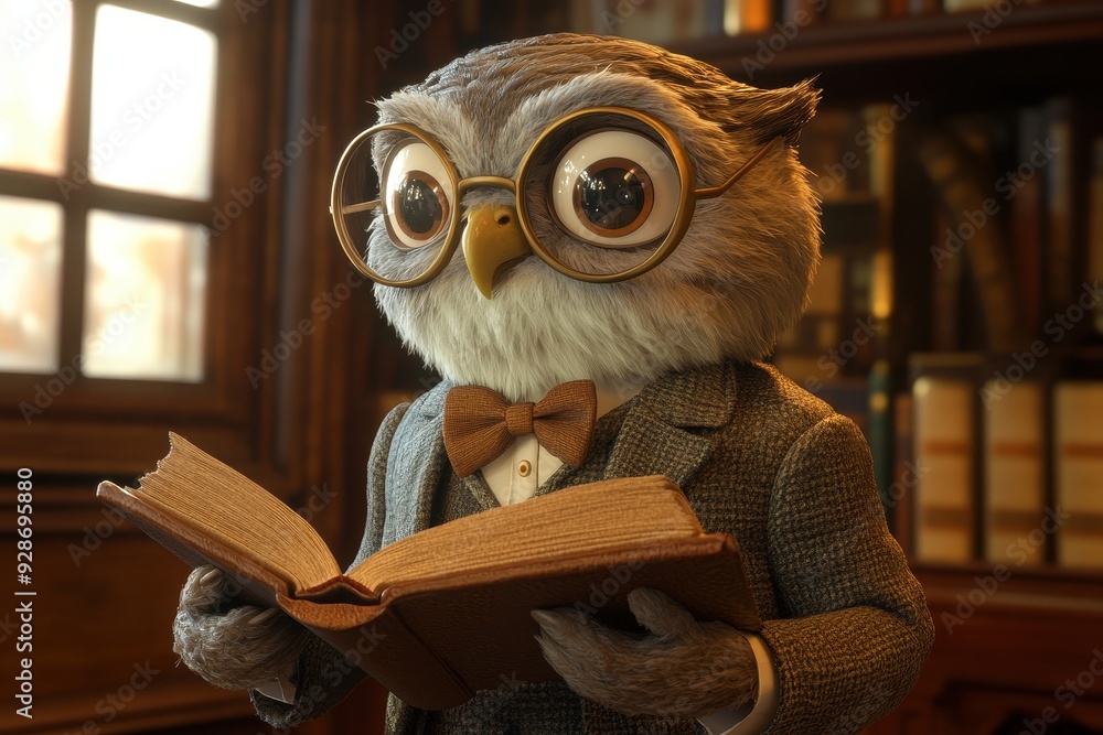 Professor Owl: An owl with a tweed jacket, bow tie, and round glasses, holding a book in a library. Professor Owl: An owl with a tweed jacket, bow tie, and round glasses, holding a book in a library.