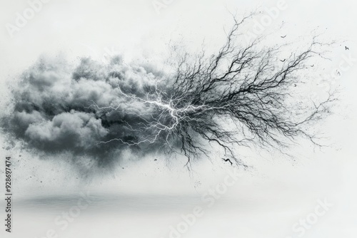 A striking visual of a stormy cloud intertwined with lightning and organic roots. This artwork symbolizes the clash of nature and storm. A unique design for creative projects. Generative AI