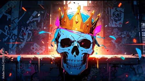 Colorful graffiti illustration of A Skull Face and a Crown