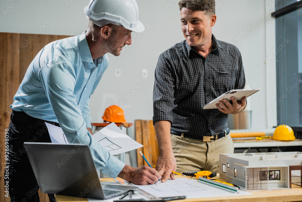 A Caucasian middle-aged male engineer contractor and an Italian architect engineer are seated at a desk, discussing renovation plans with blueprints and a house model in front of them. A Caucasian middle-aged male engineer contractor and an Italian architect engineer are seated at a desk, discussing renovation plans with blueprints and a house model in front of them.