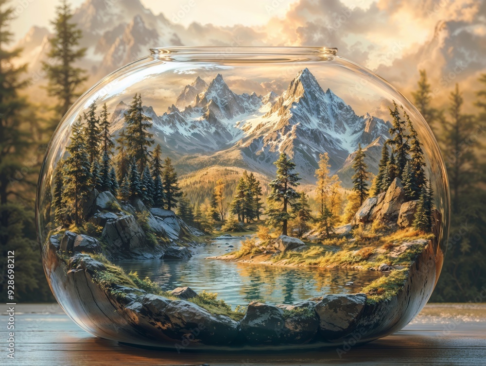 Stunning Mountain Landscape in Glass Bowl with Pine Forest and River Stunning Mountain Landscape in Glass Bowl with Pine Forest and River