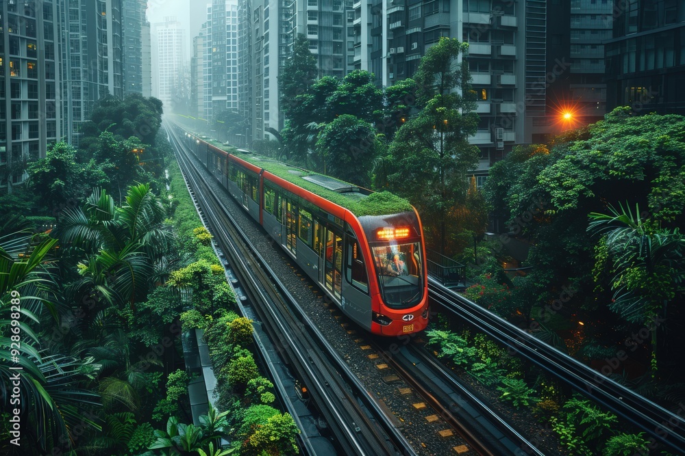 Fototapeta premium A modern urban landscape where a sleek train is moving through lush greenery, symbolizing the integration of nature and technology within a highly developed city environment.