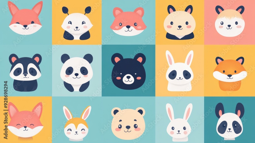 A vibrant icon set of cute animals like a fox, panda, and bunny, perfect for adding a touch of whimsy to any design A vibrant icon set of cute animals like a fox, panda, and bunny, perfect for adding a touch of whimsy to any design