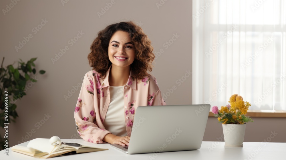 A fashionable blogger with a beaming smile, sitting at a desk A fashionable blogger with a beaming smile, sitting at a desk