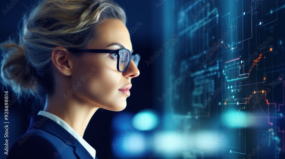 woman analyzing data on a computer screen, woman analyzing data on a computer screen,