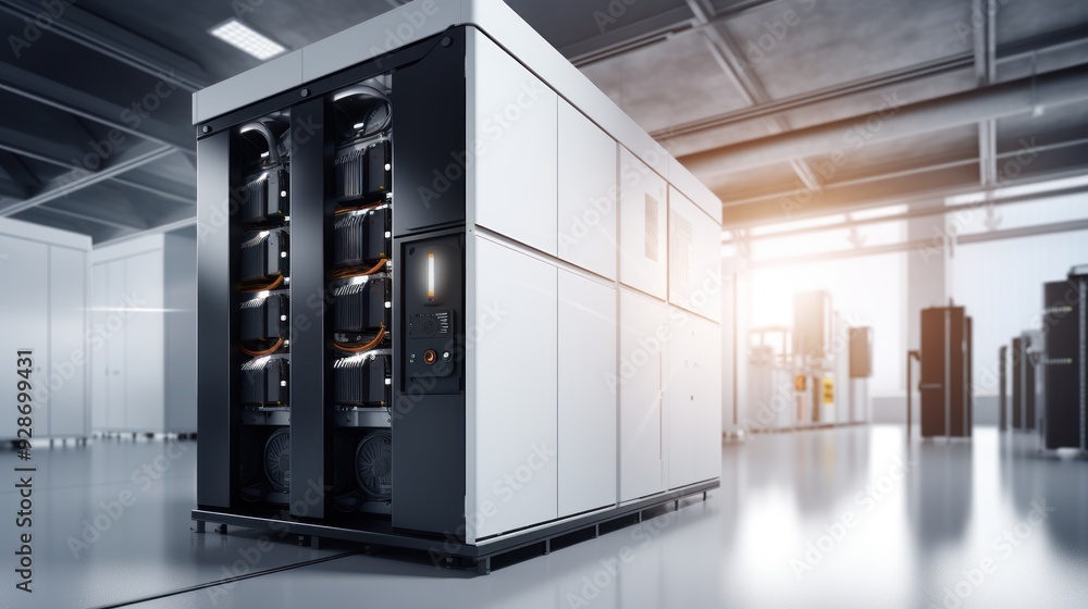 A high-tech battery storage system with a sleek design, A high-tech battery storage system with a sleek design,