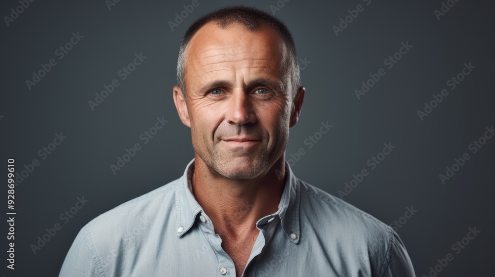 A middle-aged man with a warm expression, 