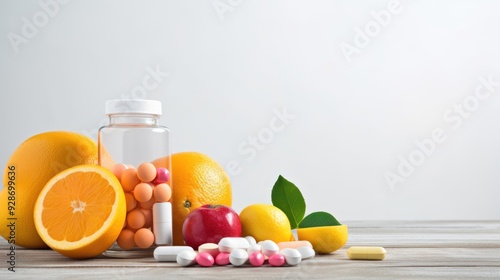 A mix of colorful fruits including oranges, lemons, and vitamin bottle 