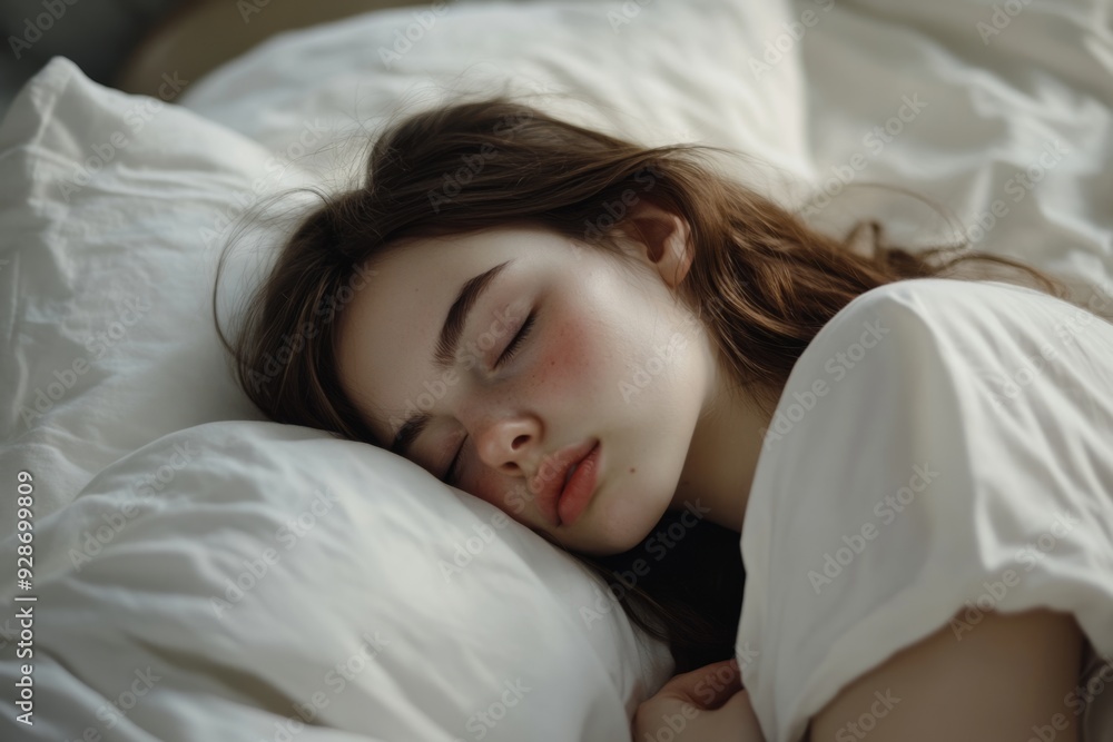 A peaceful young woman sleeps on soft white pillows. Her serene expression conveys tranquility and calmness. This dreamy scene captures beauty and rest in a cozy bedroom. Generative AI A peaceful young woman sleeps on soft white pillows. Her serene expression conveys tranquility and calmness. This dreamy scene captures beauty and rest in a cozy bedroom. Generative AI