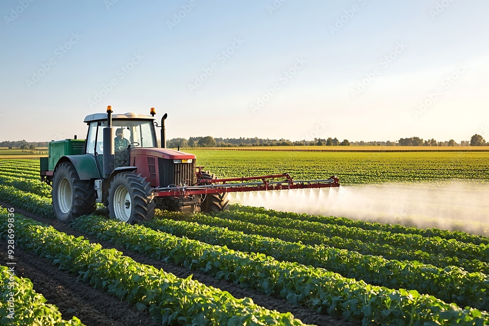 Farmer working on grain field at sunset. Tractor spray fertilizer on green agricultural field in the evening during sundown. Tractor Applying Pesticides. Agriculture concept. Farmer working on grain field at sunset. Tractor spray fertilizer on green agricultural field in the evening during sundown. Tractor Applying Pesticides. Agriculture concept.