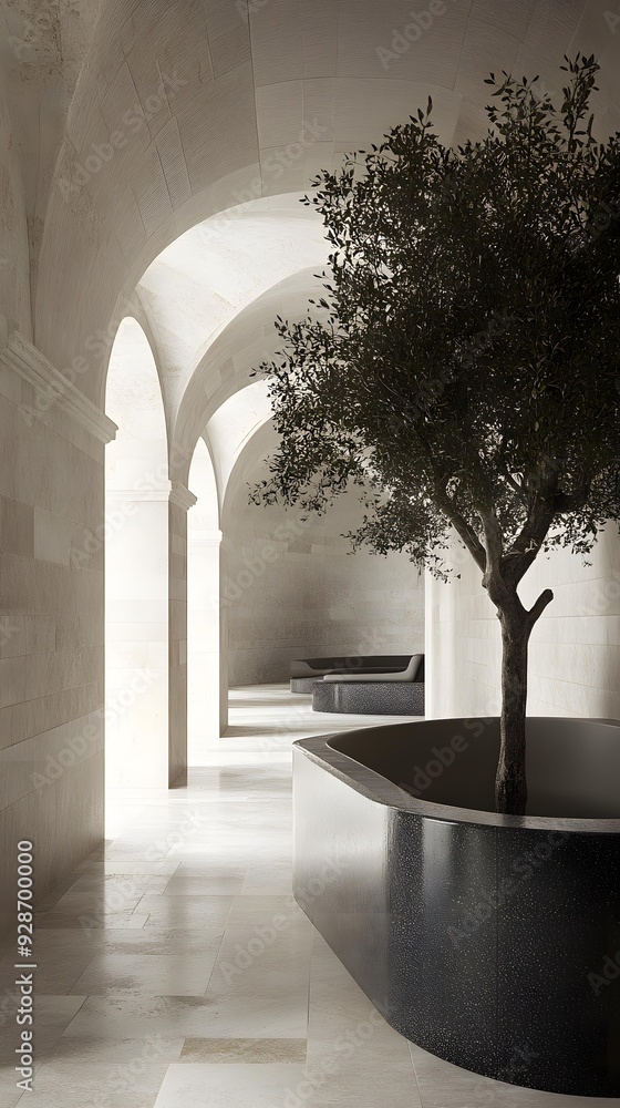 Fototapeta premium Minimalist Interior Design with Arched Hallway and Olive Tree