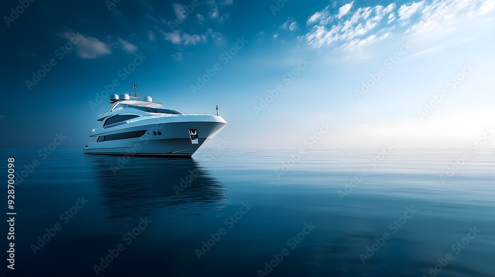 White Yacht on Calm Ocean Waters with Blue Sky and Clouds White Yacht on Calm Ocean Waters with Blue Sky and Clouds