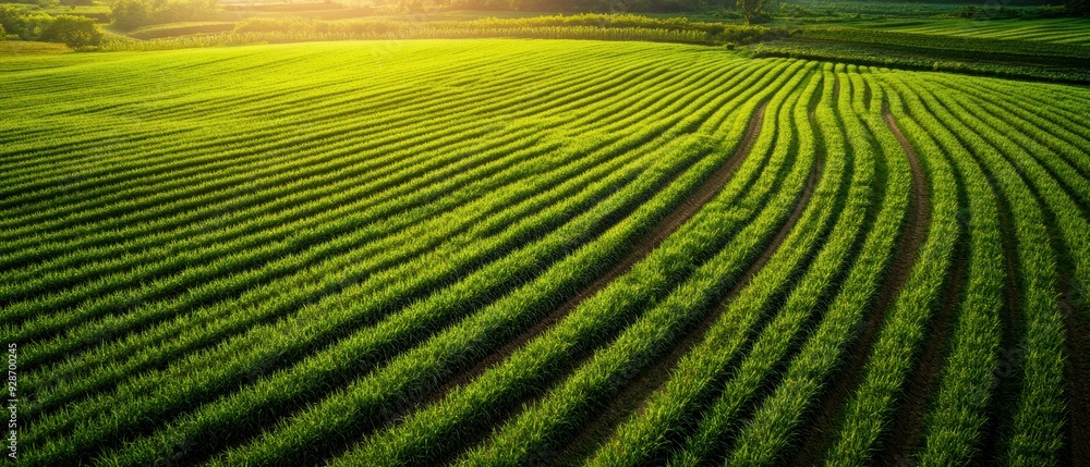 Aerial view of lush green fields with beautiful patterns under golden sunlight at sunset, showcasing vibrant agriculture. Aerial view of lush green fields with beautiful patterns under golden sunlight at sunset, showcasing vibrant agriculture.