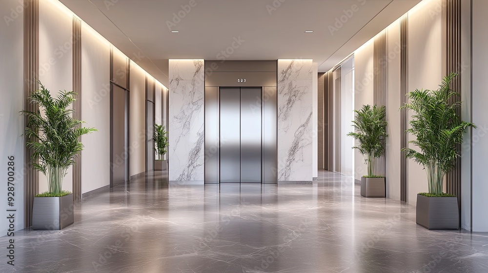 A cozy elevator hall features a gray marble floor, silver doors, and planters, creating an inviting atmosphere in a well-lit, modern office environment A cozy elevator hall features a gray marble floor, silver doors, and planters, creating an inviting atmosphere in a well-lit, modern office environment