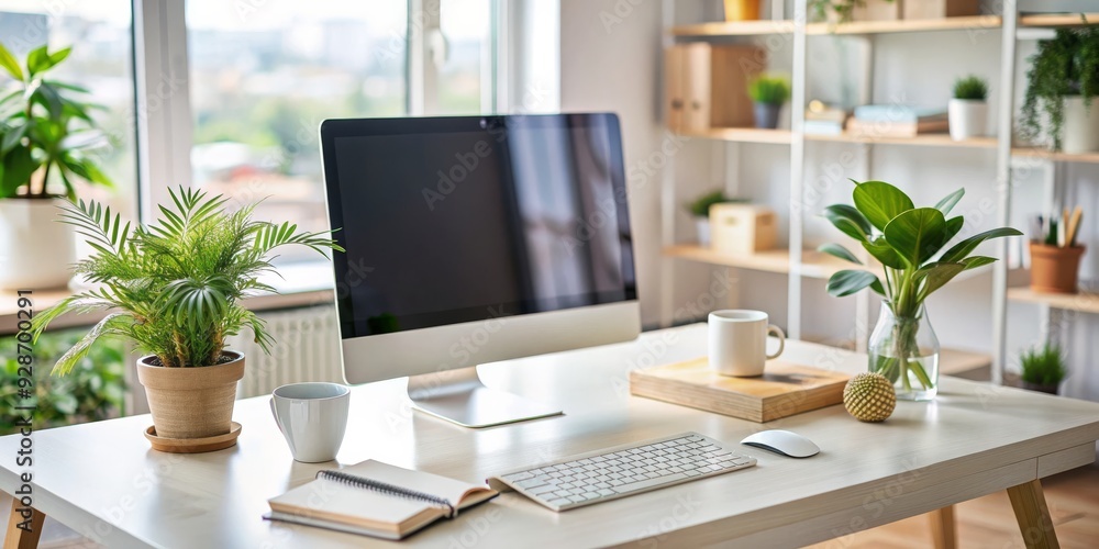 Modern Home Office Desk Setup with Plants, Computer, and Keyboard, desk , office , home , workspace
