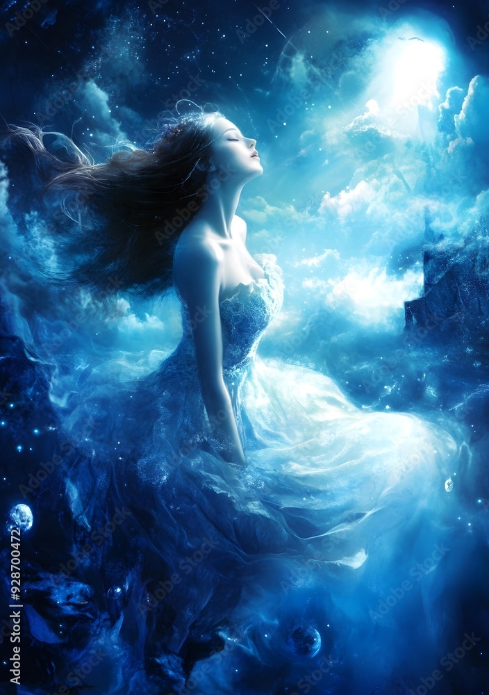 Fantasy Woman In Blue Dress Under The Stars Fantasy Woman In Blue Dress Under The Stars