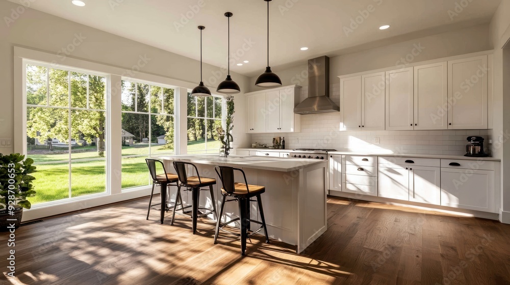 Bright and modern kitchen interior with natural light, stylish furniture, and open space perfect for culinary activities. Bright and modern kitchen interior with natural light, stylish furniture, and open space perfect for culinary activities.