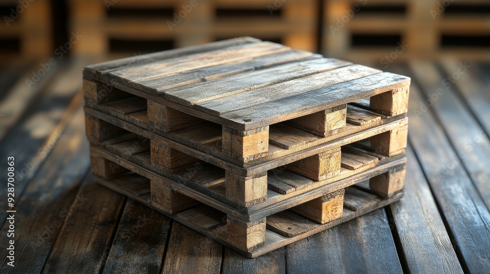 A stack of wooden pallets sits on a wooden table A stack of wooden pallets sits on a wooden table