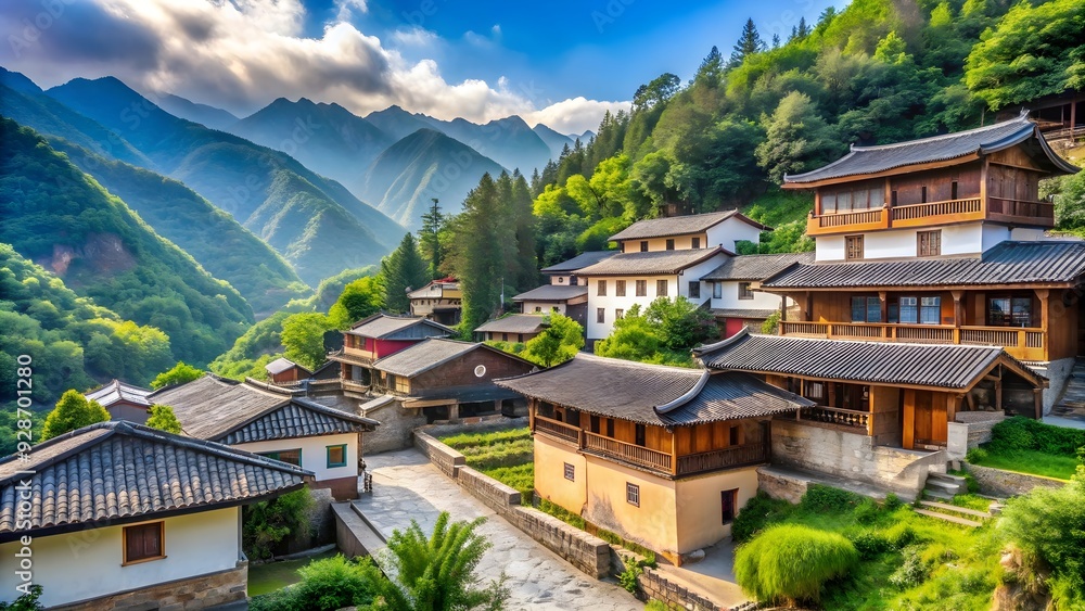 Minimalist mountain village with traditional architecture and serene surroundings, mountain, village, peaceful Minimalist mountain village with traditional architecture and serene surroundings, mountain, village, peaceful