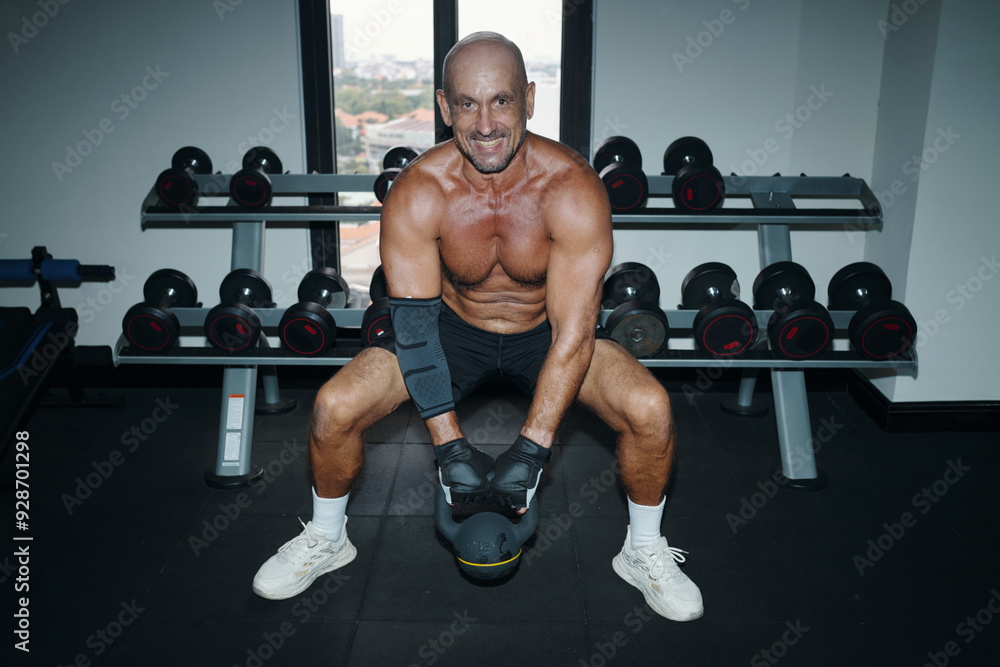 Muscular man lifting kettlebell and exercising in gym Muscular man lifting kettlebell and exercising in gym