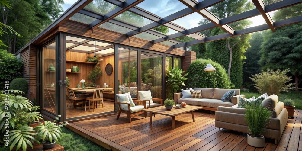 Modern Wooden Patio with Glass Roof and Lush Greenery, patio, outdoor design, contemporary home, garden furniture Modern Wooden Patio with Glass Roof and Lush Greenery, patio, outdoor design, contemporary home, garden furniture