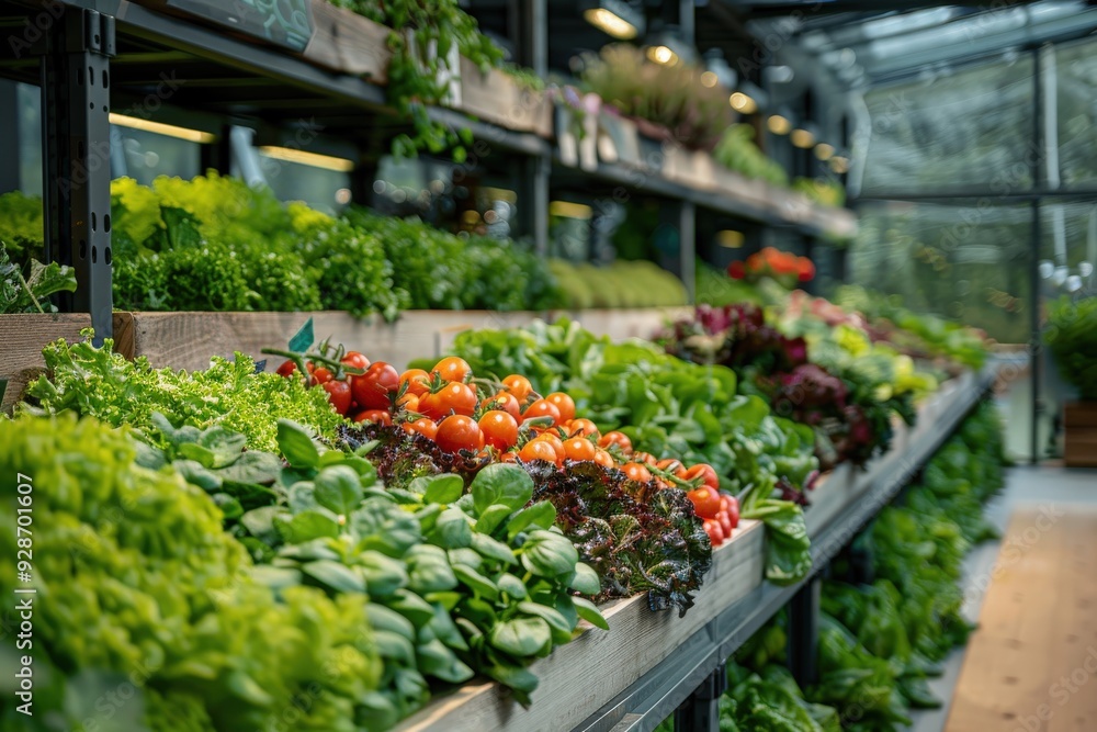 A variety of fresh vegetables neatly arranged on wooden shelves inside a greenhouse. The vibrant colors and lush greens represent freshness and health in an organized manner.