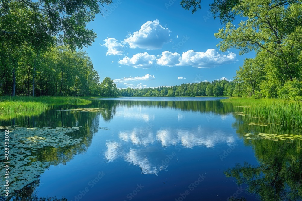 Tranquil Lake Reflecting the Blue Sky and Lush Green Trees Tranquil Lake Reflecting the Blue Sky and Lush Green Trees