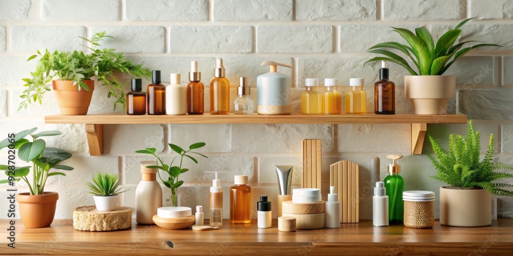 Natural Spa Products Display on Wooden Shelf with Plants, bathroom, cosmetics, shelf, natural Natural Spa Products Display on Wooden Shelf with Plants, bathroom, cosmetics, shelf, natural