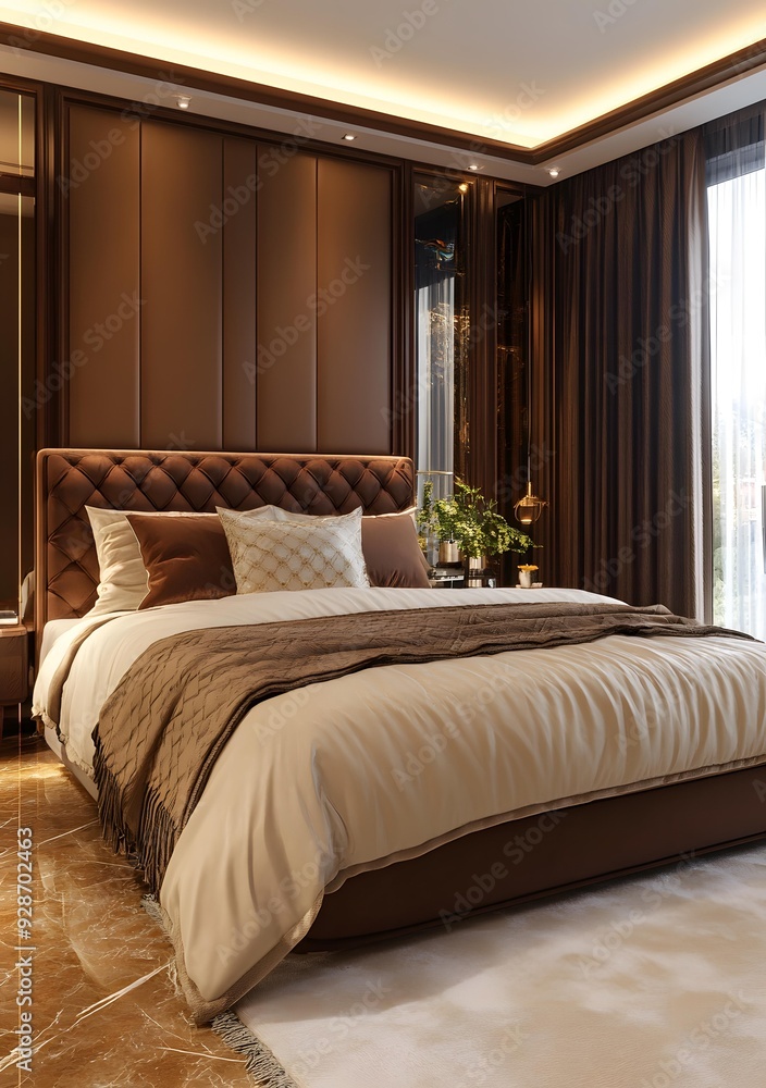 Modern Bedroom Interior Design with Brown Leather Headboard and White Bedding Modern Bedroom Interior Design with Brown Leather Headboard and White Bedding