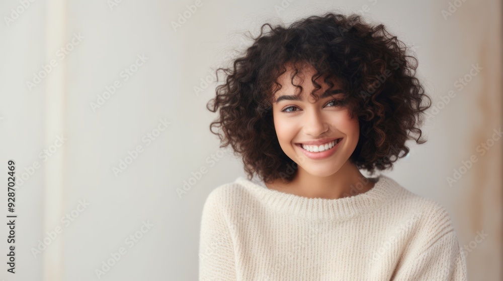 A smiling woman wearing a soft sweater, looking directly at the camera A smiling woman wearing a soft sweater, looking directly at the camera