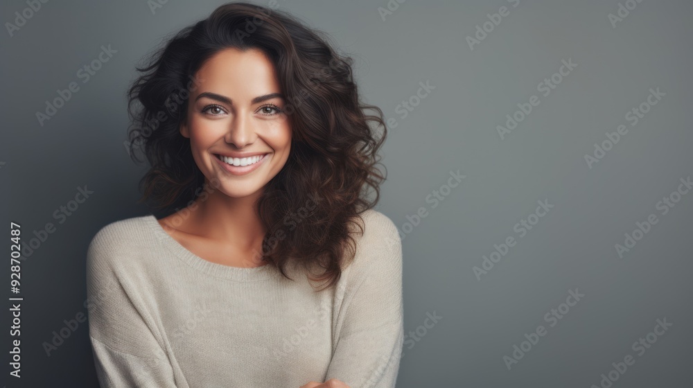 A smiling woman wearing a soft sweater, looking directly at the camera A smiling woman wearing a soft sweater, looking directly at the camera