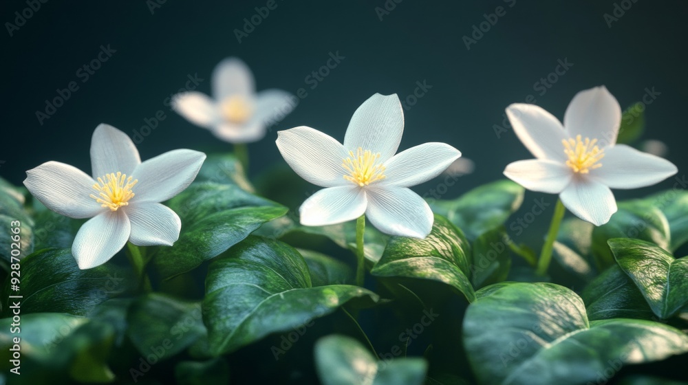 Three white flowers are in a green bush Three white flowers are in a green bush